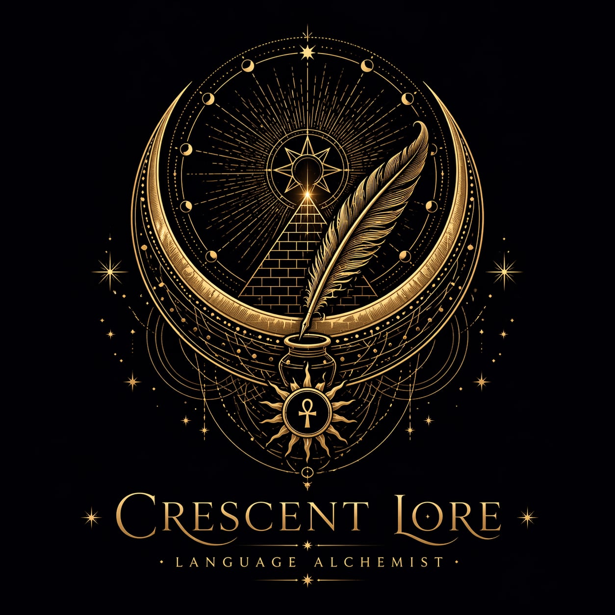 Crescent Lore gold celestial sigil with crescent, feather, and ink