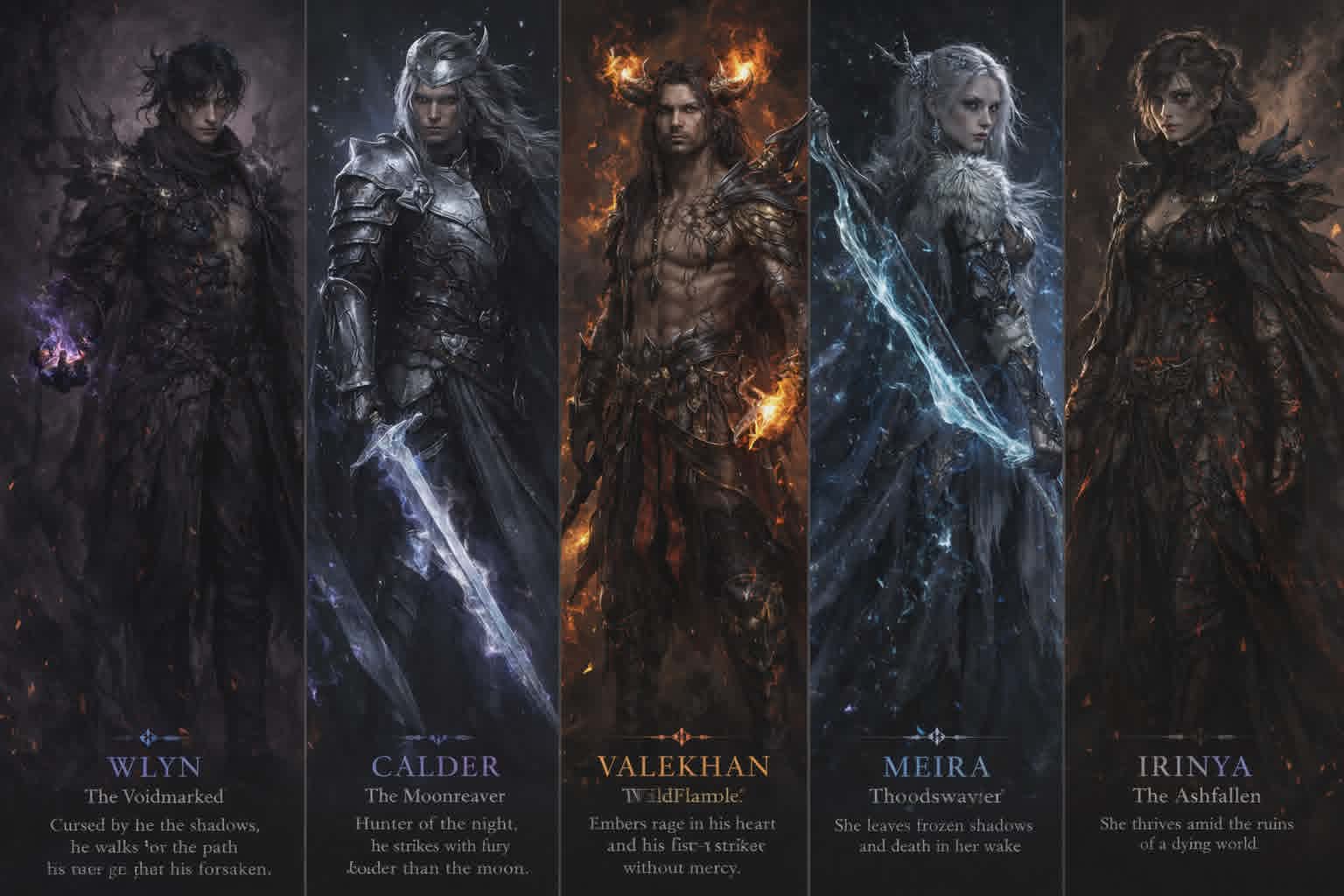 Five dark fantasy character cards