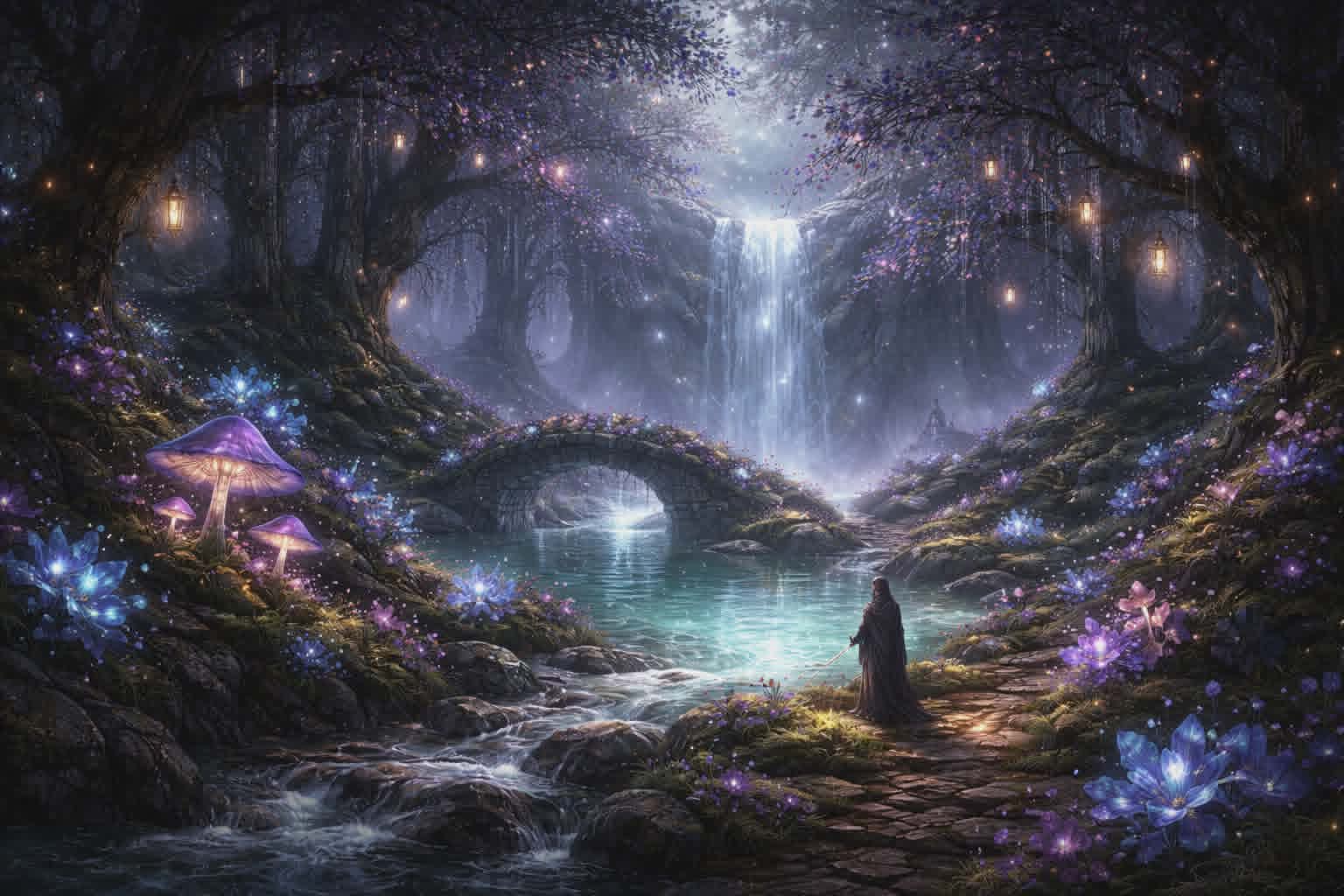 A glowing fantasy forest with a waterfall, lanterns, and a stone bridge