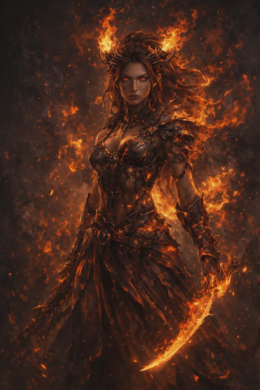 A fire-wreathed fantasy warrior holding a flaming blade