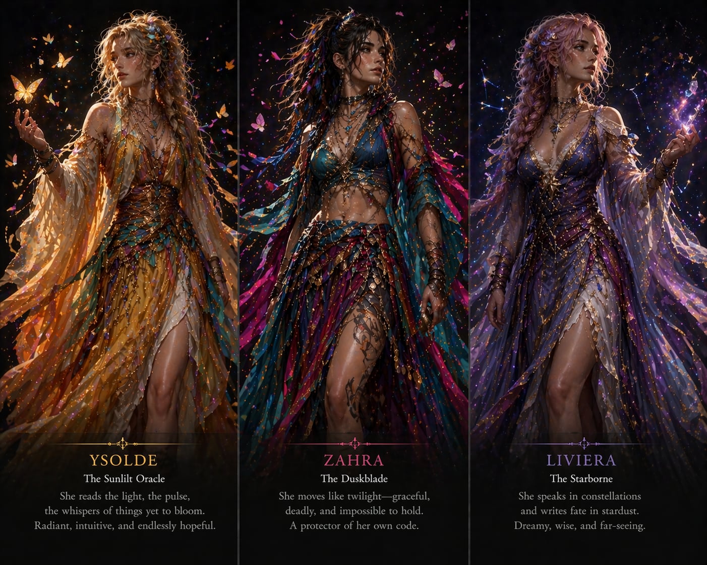 Three illustrated fantasy oracle characters with distinct identities