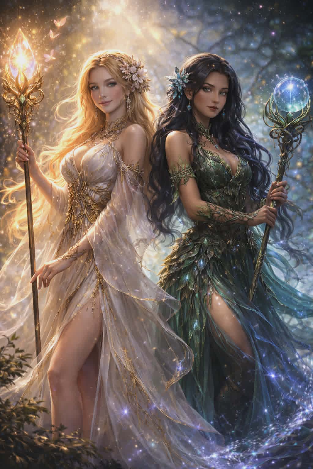 Two fantasy character cards with stats and abilities